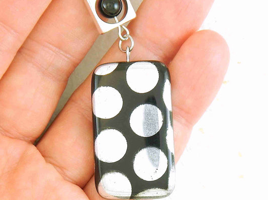 25-inch necklace with black Czech glass rectangle, silver or copper polka dots, matching stainless steel chain