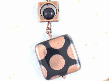 25-inch necklace with black Czech glass square, copper or silver polka dots, matching stainless steel chain