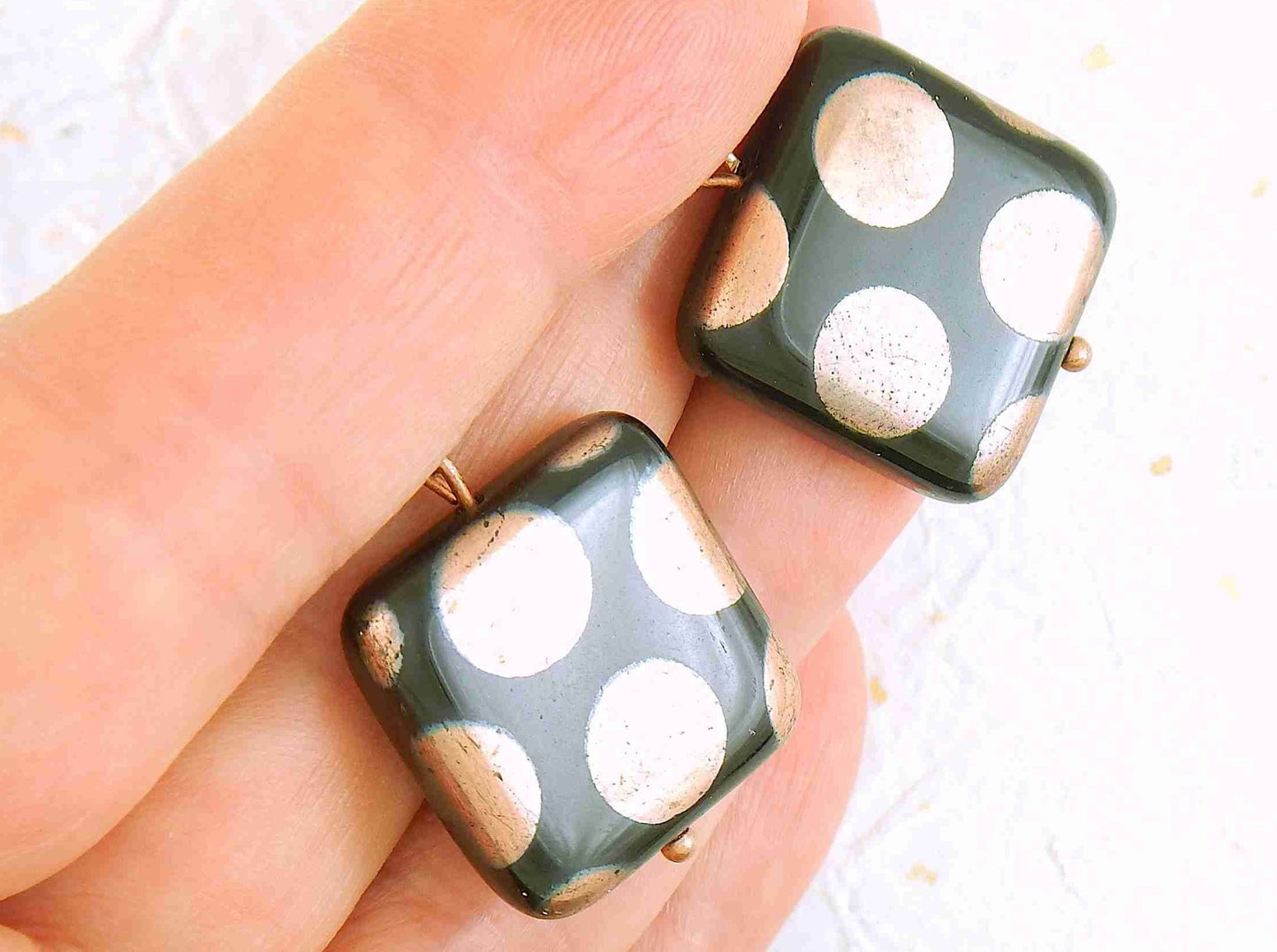 Short earrings with large shiny black Czech glass squares, big silver or copper dots, silver or rose gold-toned stainless steel lever back hooks