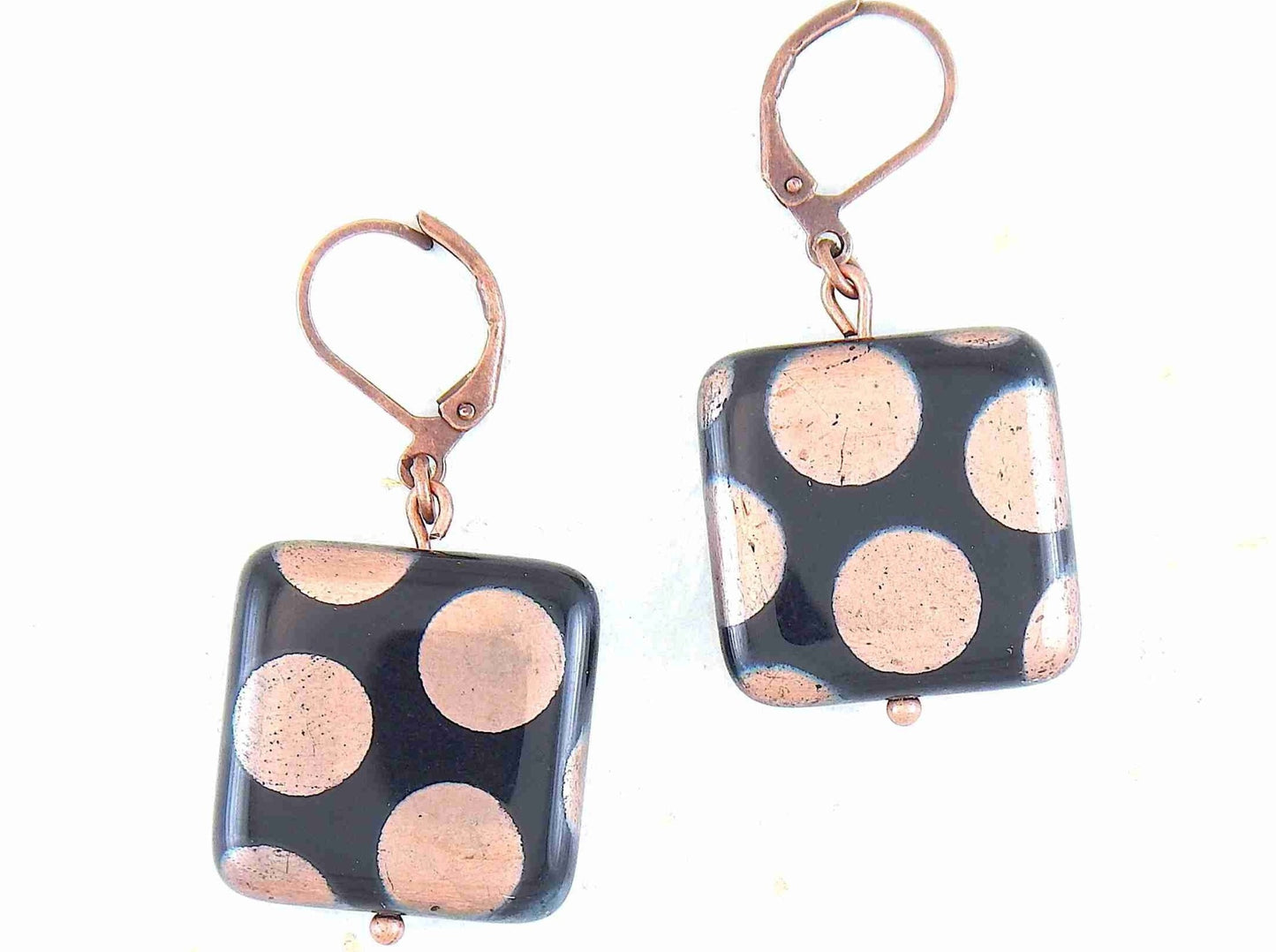 Short earrings with large shiny black Czech glass squares, big silver or copper dots, silver or rose gold-toned stainless steel lever back hooks