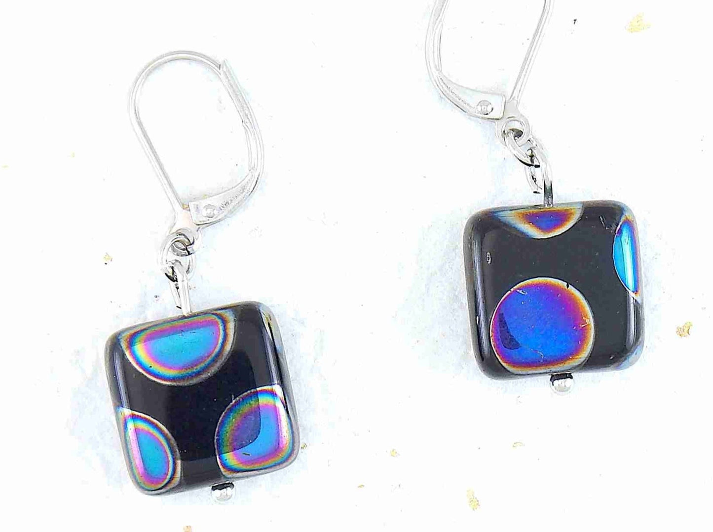 Short earrings with small shiny black Czech glass squares, large silver/copper/multicoloured dots, stainless steel lever back hooks