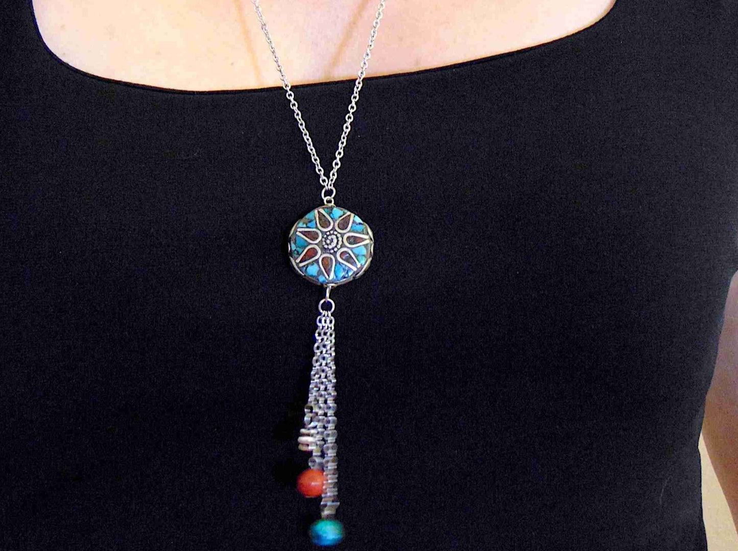 26-inch necklace with Tibetan disk, coral and turquoise mosaic in pewter, flower pattern, matching pendants, stainless steel chain