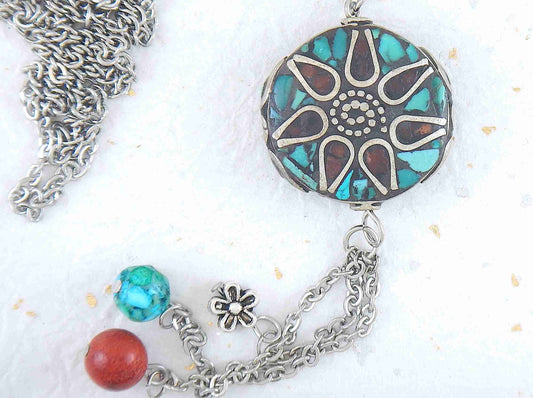 26-inch necklace with Tibetan disk, coral and turquoise mosaic in pewter, flower pattern, matching pendants, stainless steel chain