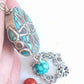 Collier 26 po avec pendentif disque tibétain à motif de fleur en mosaïque de corail et turquoise, pendants assortis, chaîne acier inoxydable
