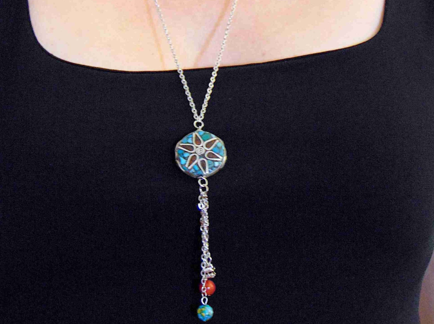 26-inch necklace with Tibetan disk, coral and turquoise mosaic in pewter, flower pattern, matching pendants, stainless steel chain