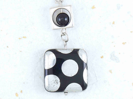 25-inch necklace with black Czech glass square, copper or silver polka dots, matching stainless steel chain