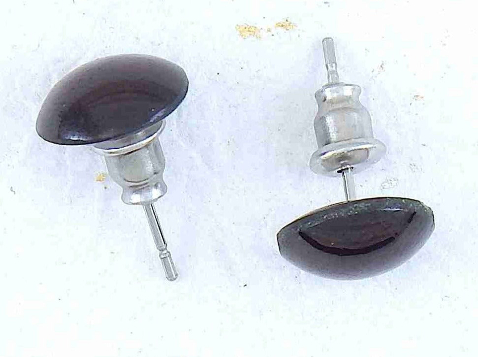 Ear studs with 10mm round deep red garnet stone cabochons, stainless steel posts