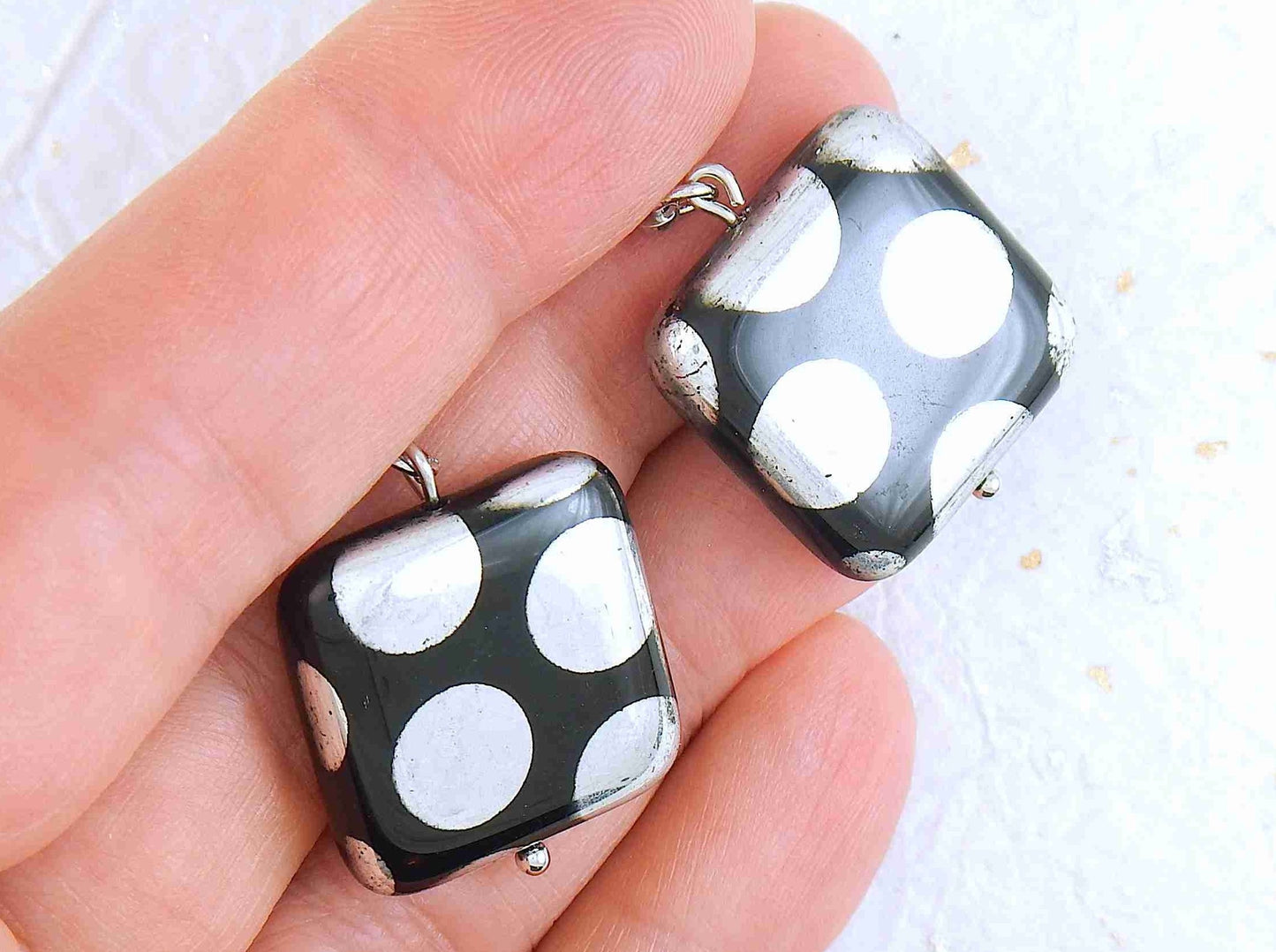 Short earrings with large shiny black Czech glass squares, big silver or copper dots, silver or rose gold-toned stainless steel lever back hooks