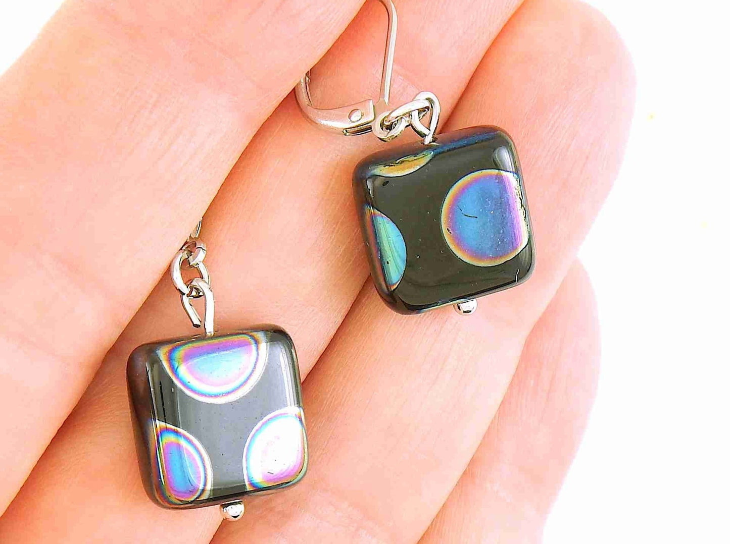 Short earrings with small shiny black Czech glass squares, large silver/copper/multicoloured dots, stainless steel lever back hooks