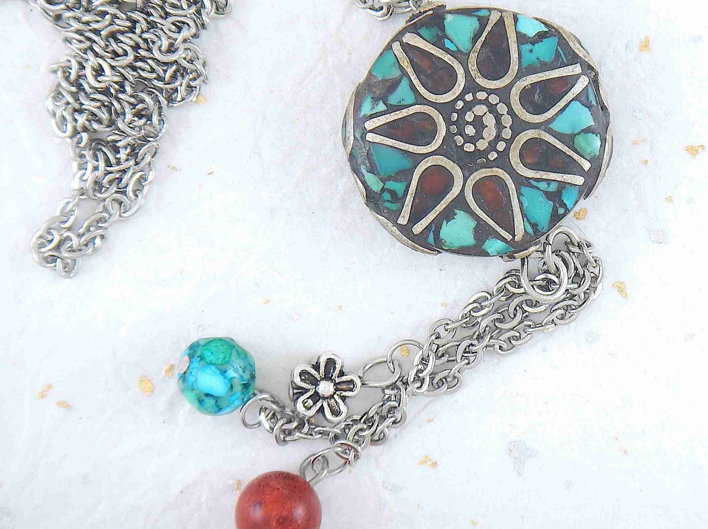 26-inch necklace with Tibetan disk, coral and turquoise mosaic in pewter, flower pattern, matching pendants, stainless steel chain