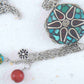 Collier 26 po avec pendentif disque tibétain à motif de fleur en mosaïque de corail et turquoise, pendants assortis, chaîne acier inoxydable