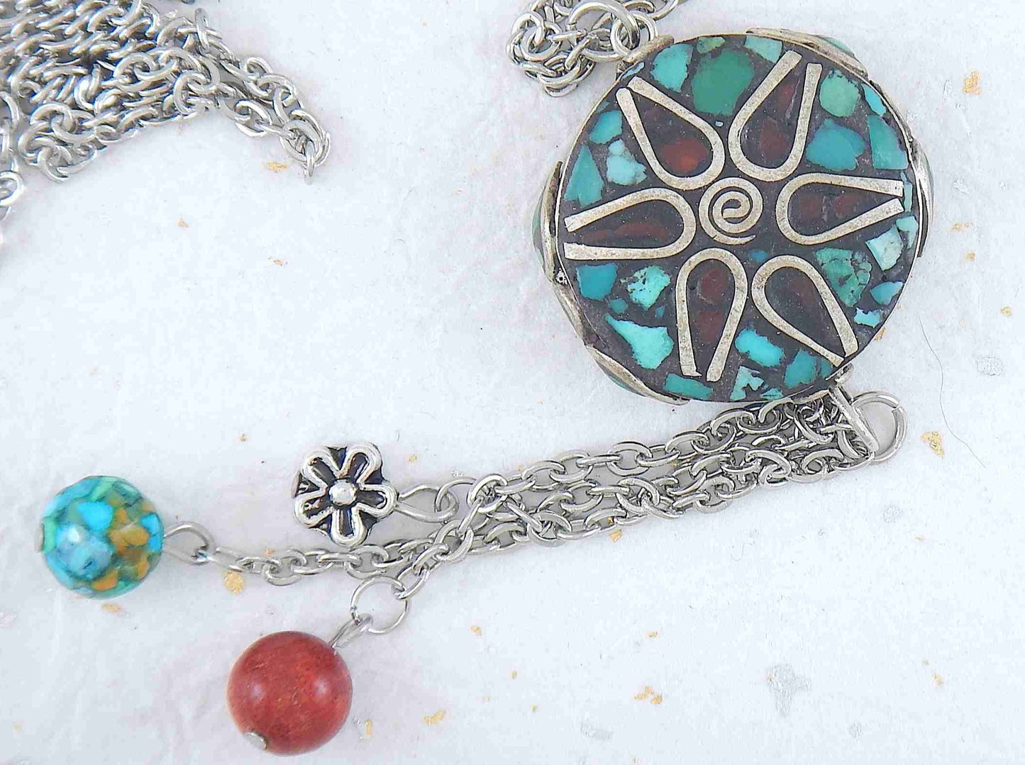 26-inch necklace with Tibetan disk, coral and turquoise mosaic in pewter, flower pattern, matching pendants, stainless steel chain