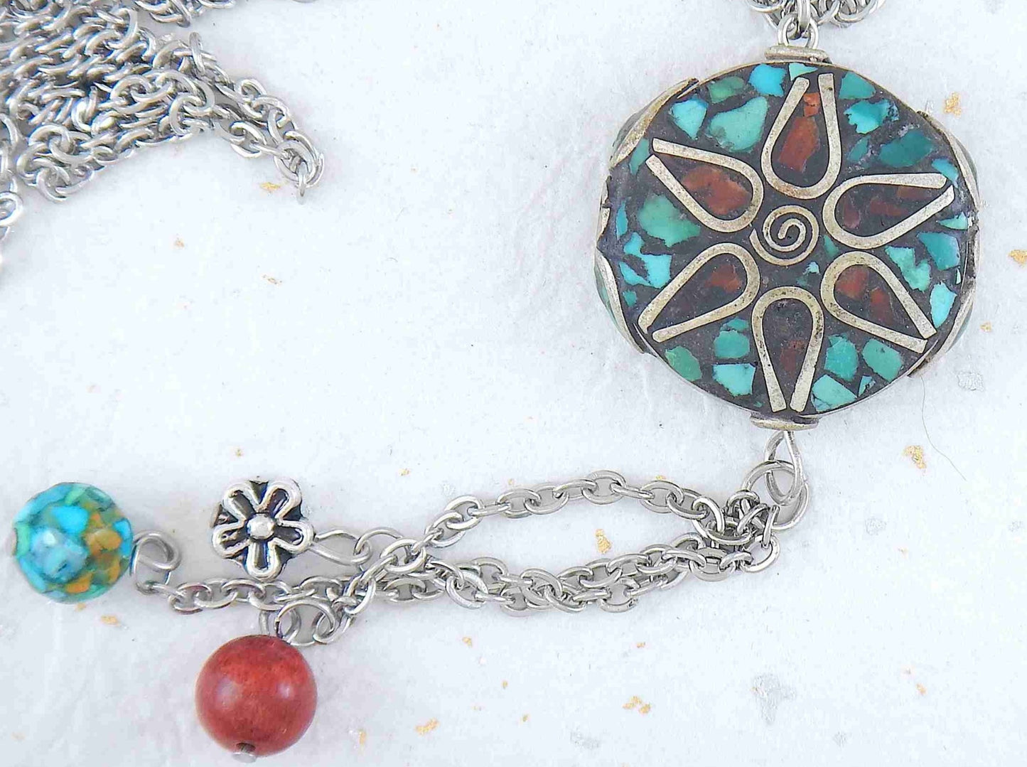 26-inch necklace with Tibetan disk, coral and turquoise mosaic in pewter, flower pattern, matching pendants, stainless steel chain