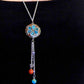 Collier 26 po avec pendentif disque tibétain à motif de fleur en mosaïque de corail et turquoise, pendants assortis, chaîne acier inoxydable