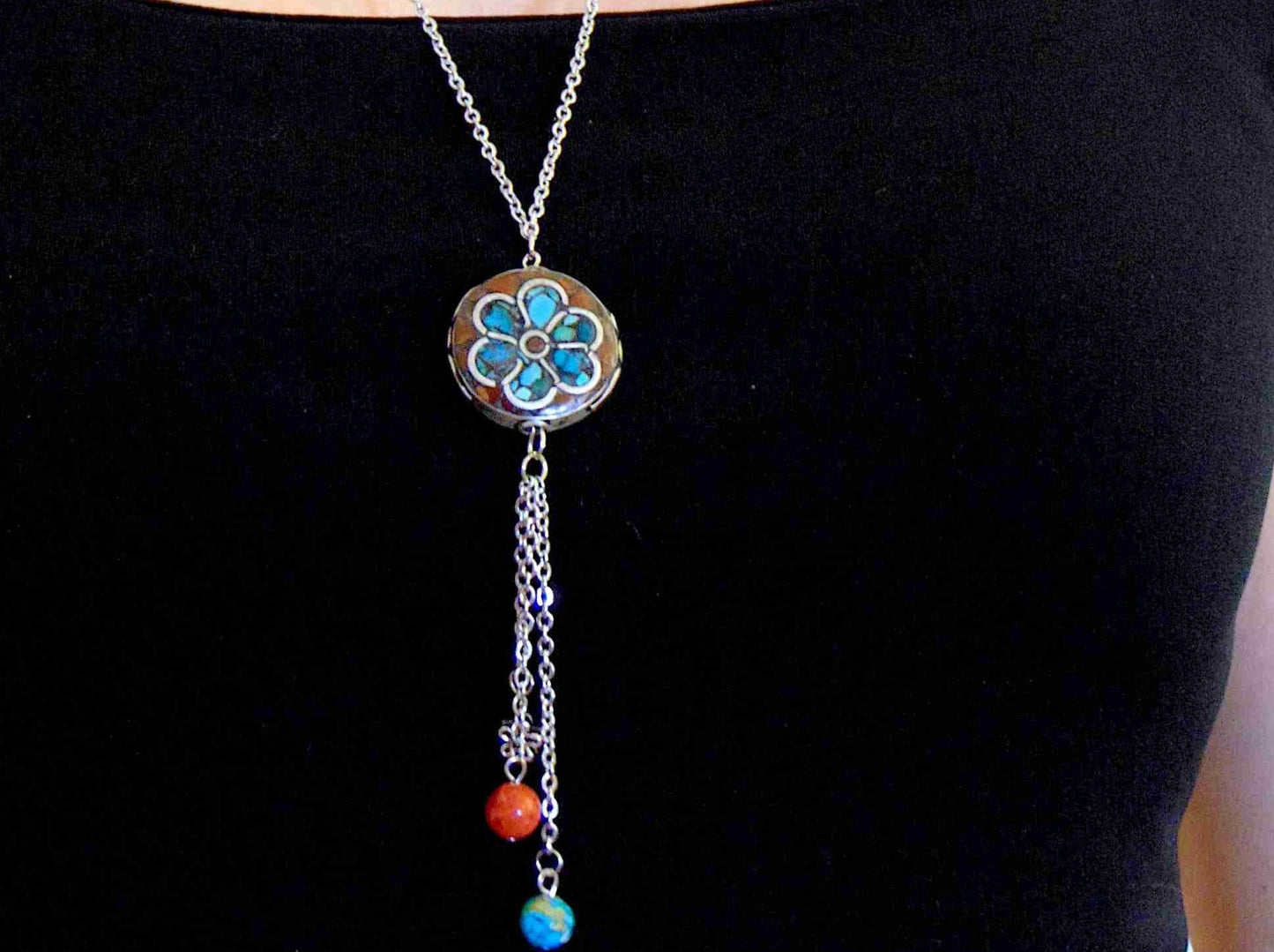 26-inch necklace with Tibetan disk, coral and turquoise mosaic in pewter, flower pattern, matching pendants, stainless steel chain