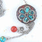 Collier 26 po avec pendentif disque tibétain à motif de fleur en mosaïque de corail et turquoise, pendants assortis, chaîne acier inoxydable