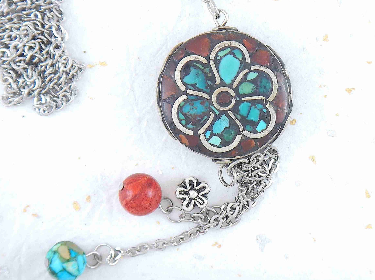 26-inch necklace with Tibetan disk, coral and turquoise mosaic in pewter, flower pattern, matching pendants, stainless steel chain