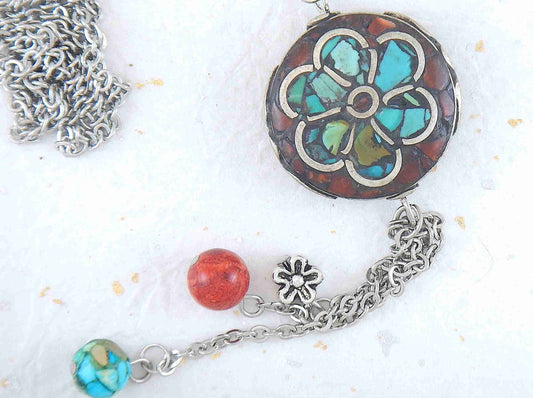 26-inch necklace with Tibetan disk, coral and turquoise mosaic in pewter, flower pattern, matching pendants, stainless steel chain