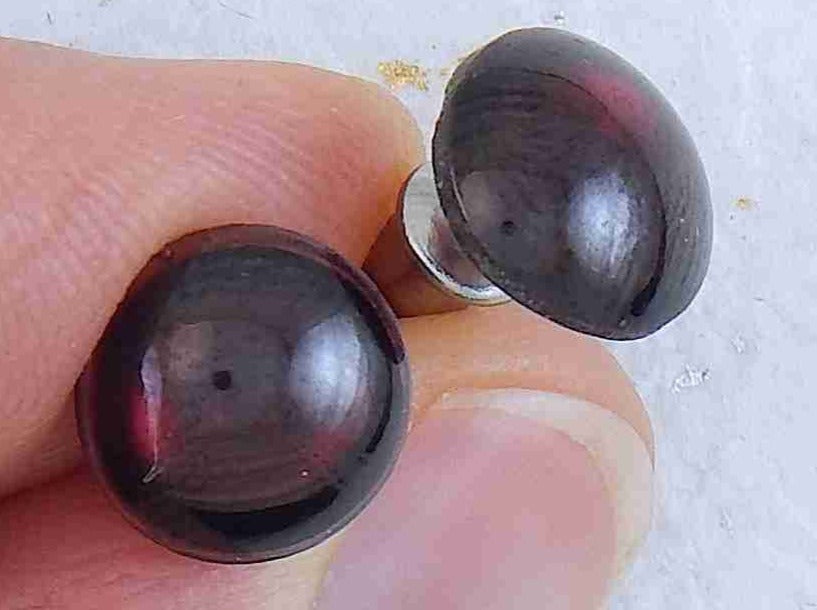 Ear studs with 10mm round deep red garnet stone cabochons, stainless steel posts