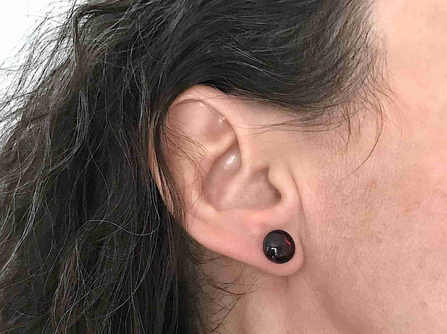 Ear studs with 10mm round deep red garnet stone cabochons, stainless steel posts