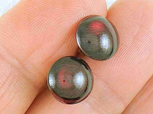 Ear studs with 10mm round deep red garnet stone cabochons, stainless steel posts