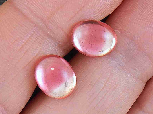 Ear studs with 10mm opalescent pink oval vintage glass cabochons, golden sheen, stainless steel posts