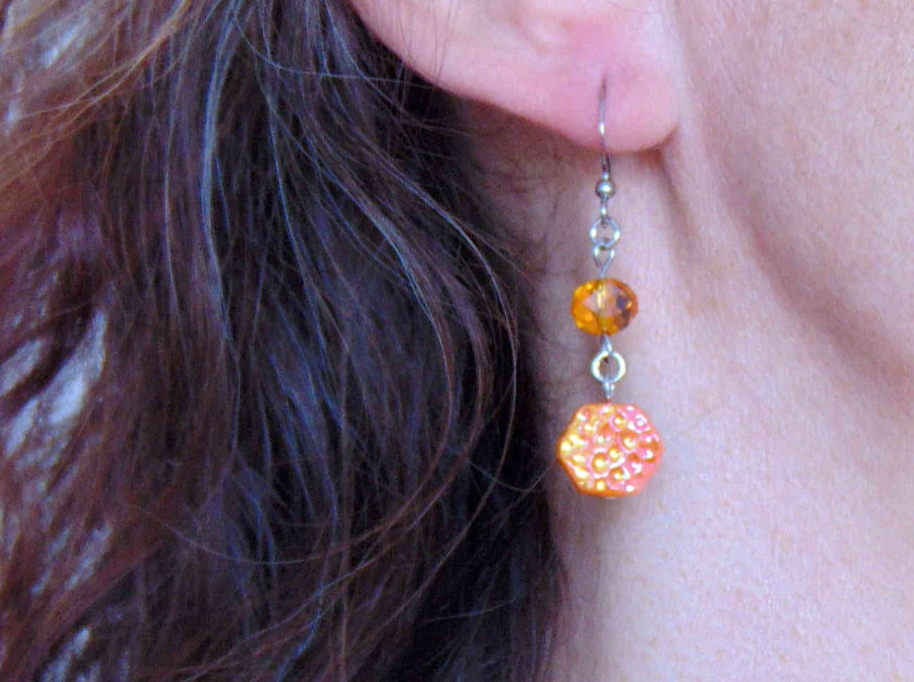 Long earrings with vintage iridescent textured glass hexagons, assorted crystals, available in 3 bright colours (orange, turquoise, fuchsia), stainless steel hooks