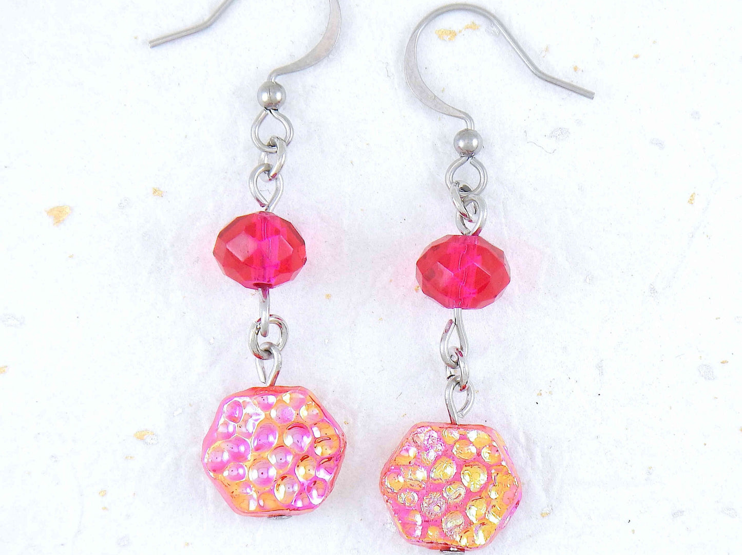 Long earrings with vintage iridescent textured glass hexagons, assorted crystals, available in 3 bright colours (orange, turquoise, fuchsia), stainless steel hooks