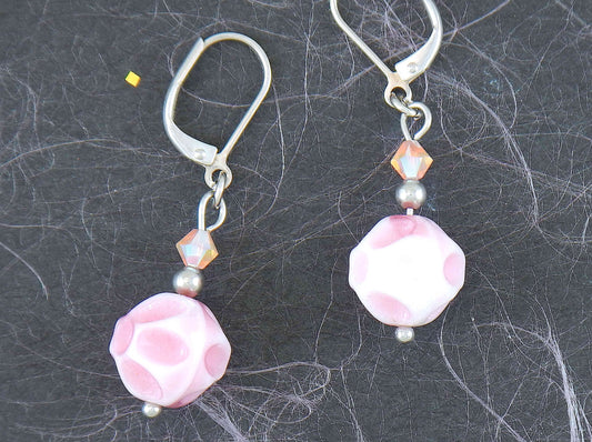 Short earrings with soft pink vintage glass crater balls, iridescent light pink Swarovski crystals, stainless steel lever back hooks