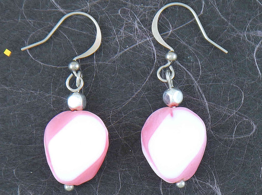 Short earrings with vintage bright pink and white glass slices, sterling silver beads, stainless steel hooks