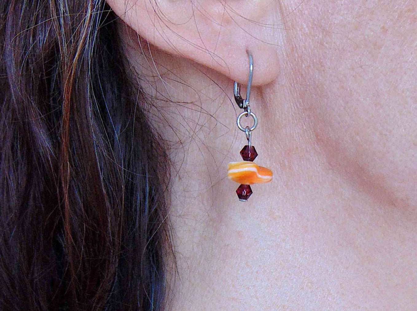 Short earrings with orange and white vintage glass flowers, violet Swarovski crystals, stainless steel lever back hooks