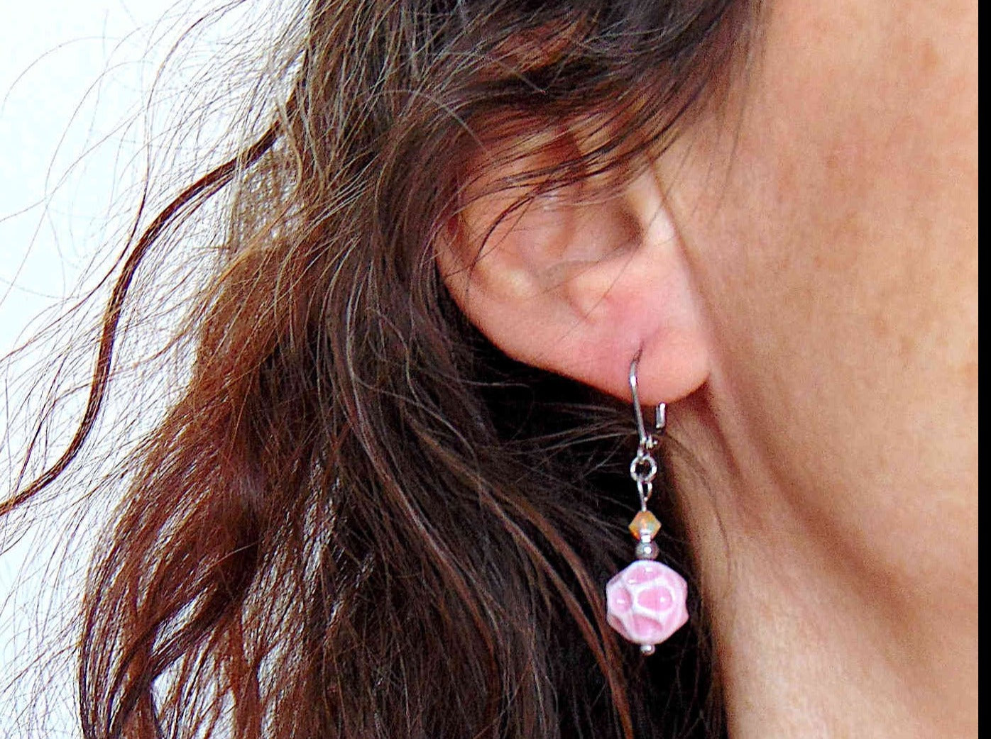 Short earrings with soft pink vintage glass crater balls, iridescent light pink Swarovski crystals, stainless steel lever back hooks