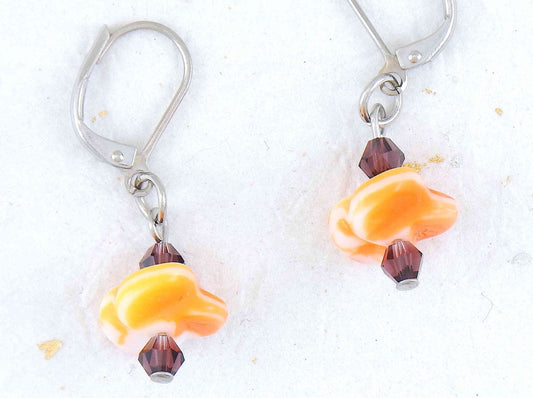 Short earrings with orange and white vintage glass flowers, violet Swarovski crystals, stainless steel lever back hooks
